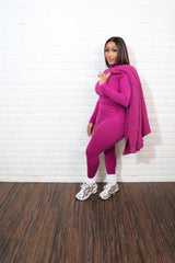 3 pc popcorn cardigan set| plum