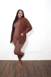 3 pc popcorn cardigan set| Brown