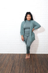 3 pc popcorn cardigan set| Sage Green