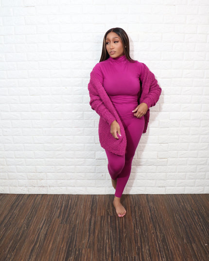 3 pc popcorn cardigan set| plum