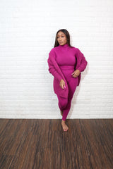 3 pc popcorn cardigan set| plum