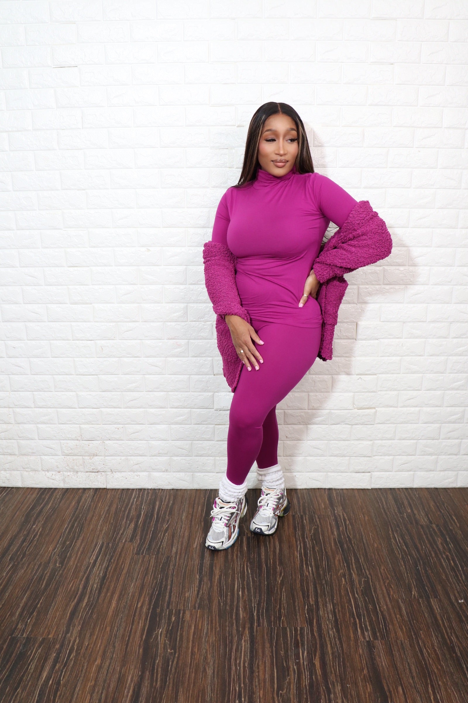 3 pc popcorn cardigan set| plum