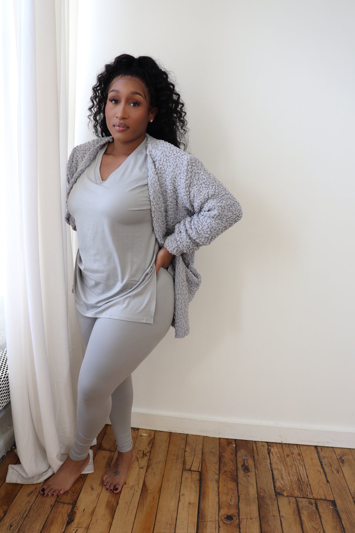 3 pc popcorn cardigan(Vneck)| Grey