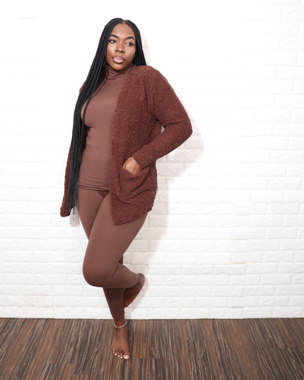 3 pc popcorn cardigan set| Brown