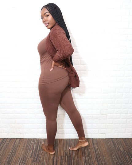 3 pc popcorn cardigan set| Brown
