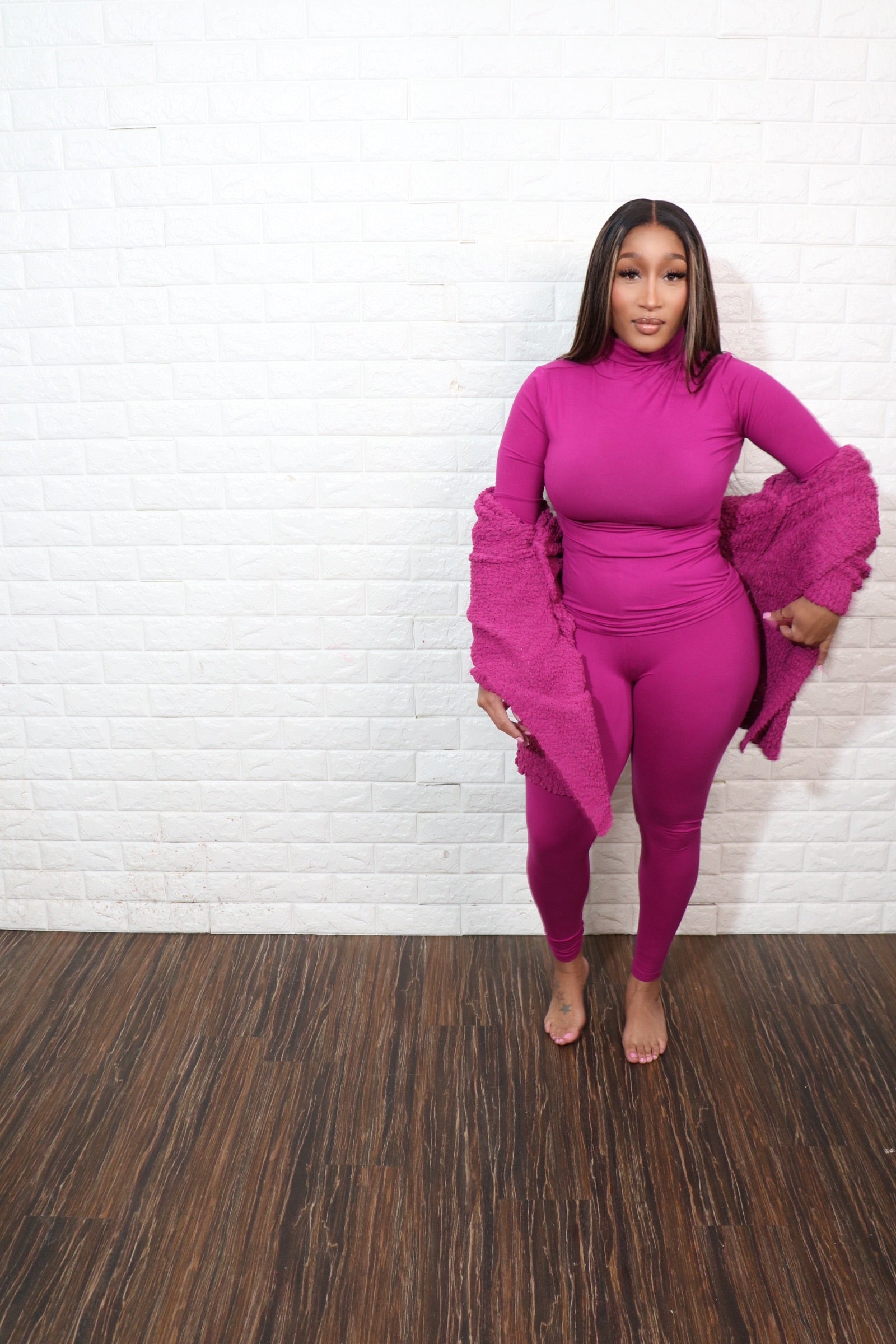 3 pc popcorn cardigan set| plum