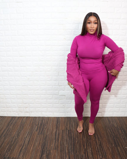 3 pc popcorn cardigan set| plum