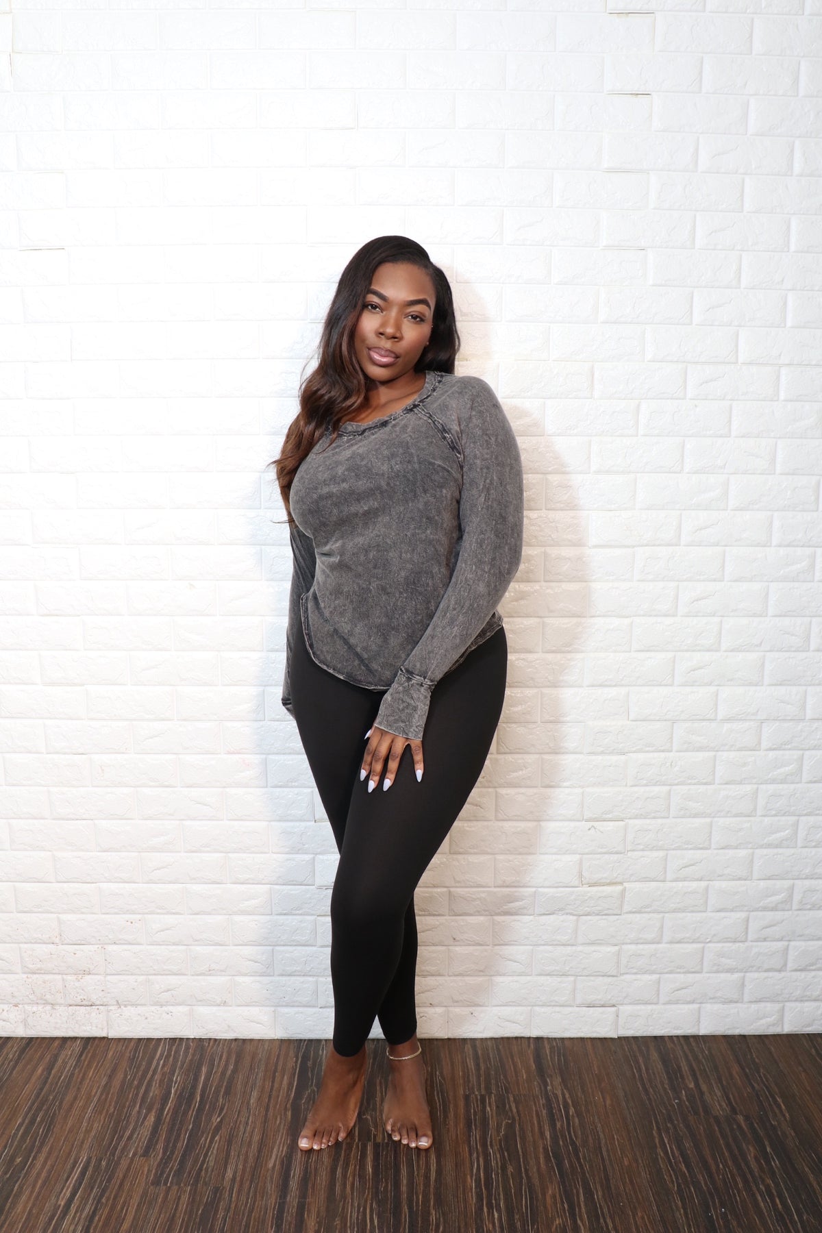 Thumb hole mineral wash legging set| Black