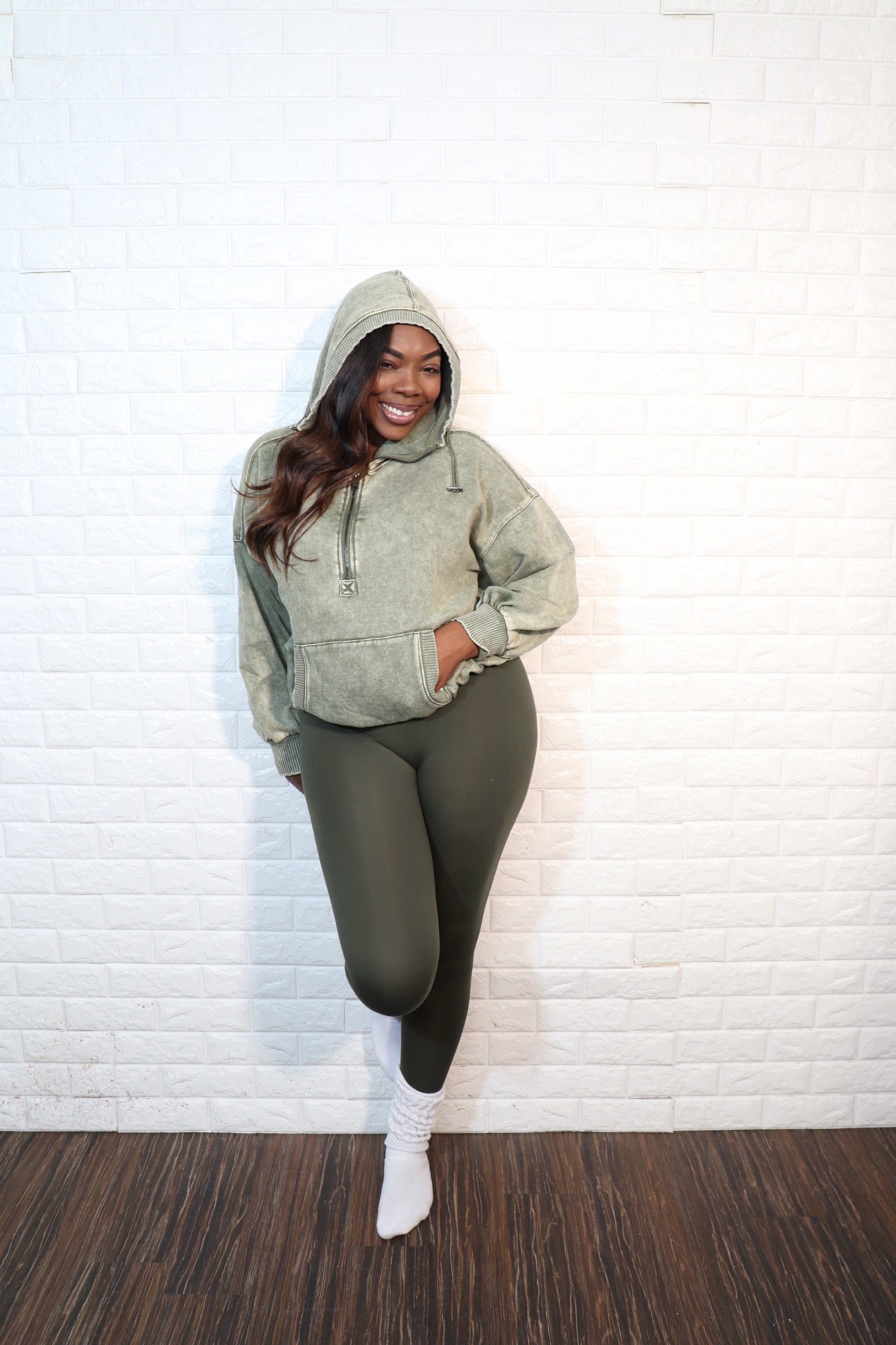 Hooded quarter zip set| Olive