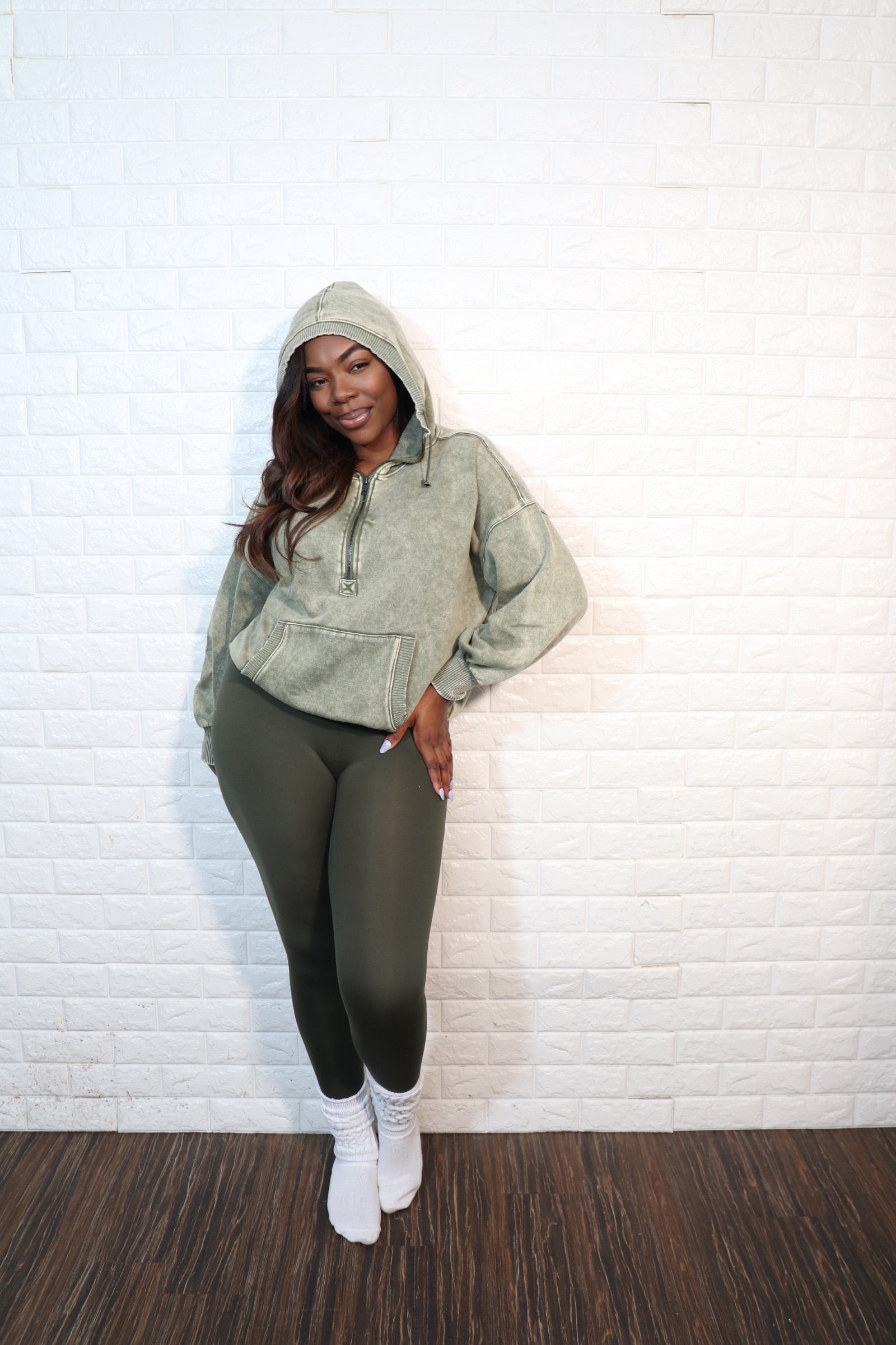 Hooded quarter zip set| Olive