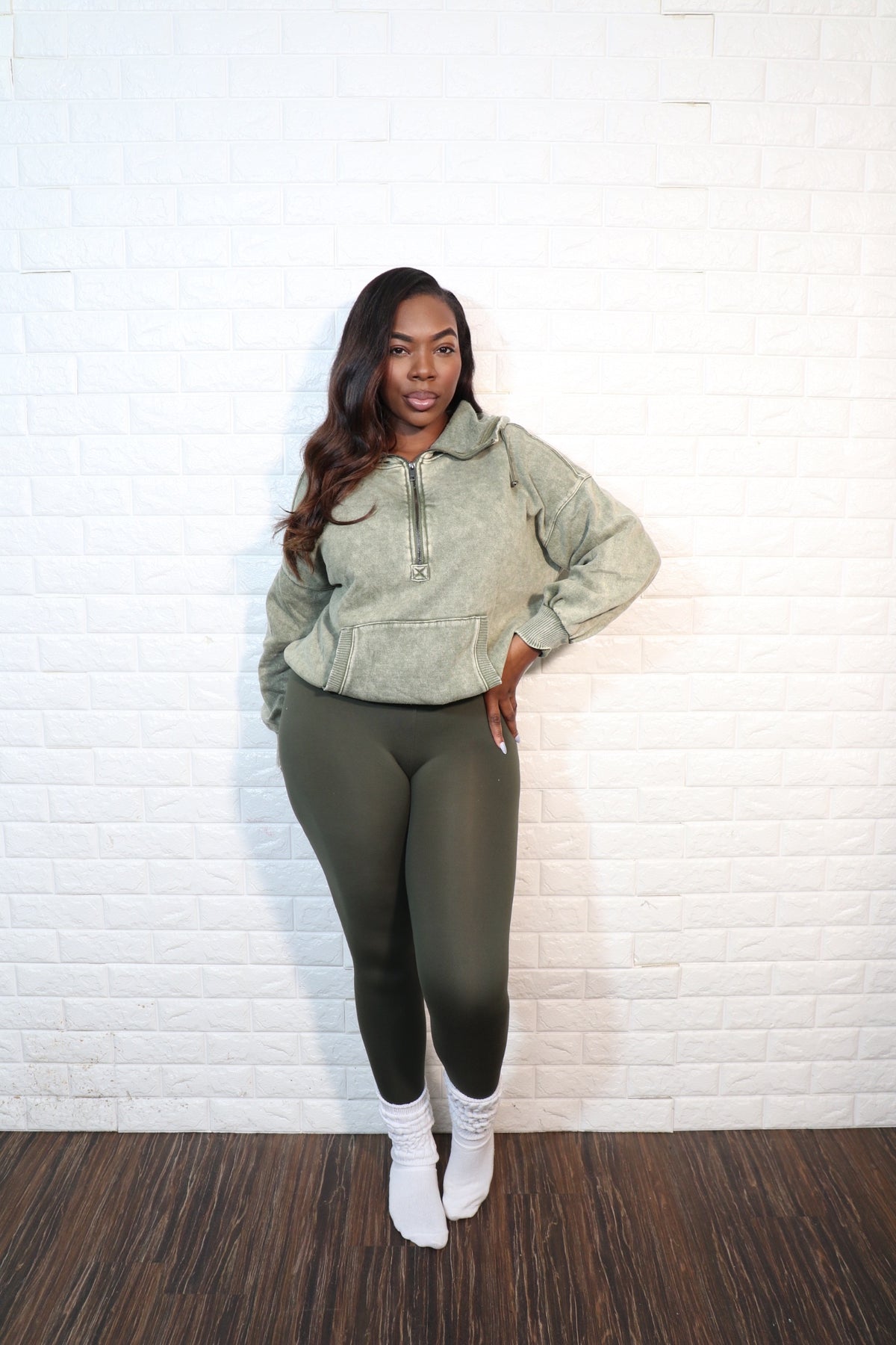 Hooded quarter zip set| Olive